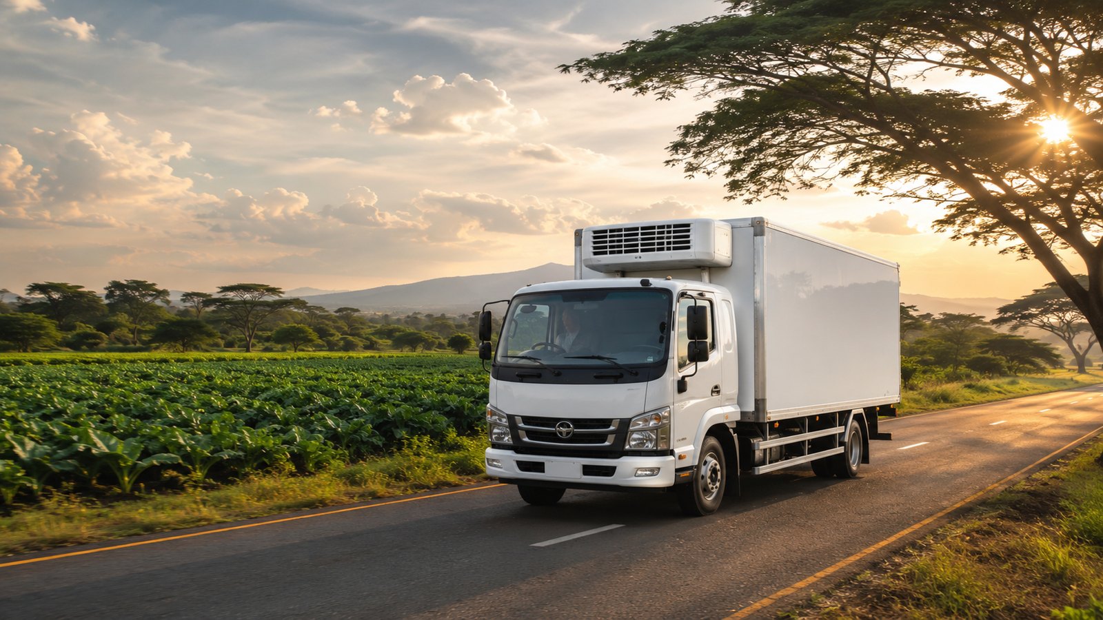 Refrigerated truck moving food from farms to hospitality clients