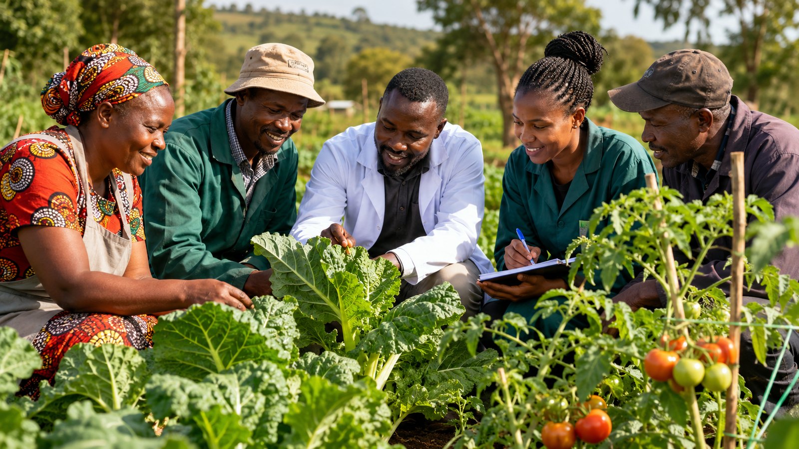 Farmers and agronomy team inspecting vegetable crops