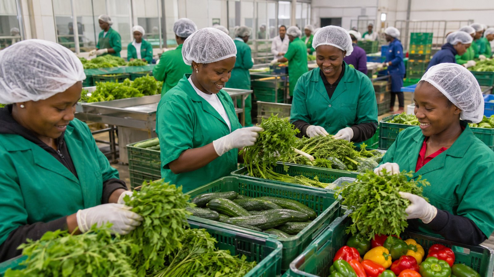 Women sorting and packing fresh vegetables in a clean packhouse