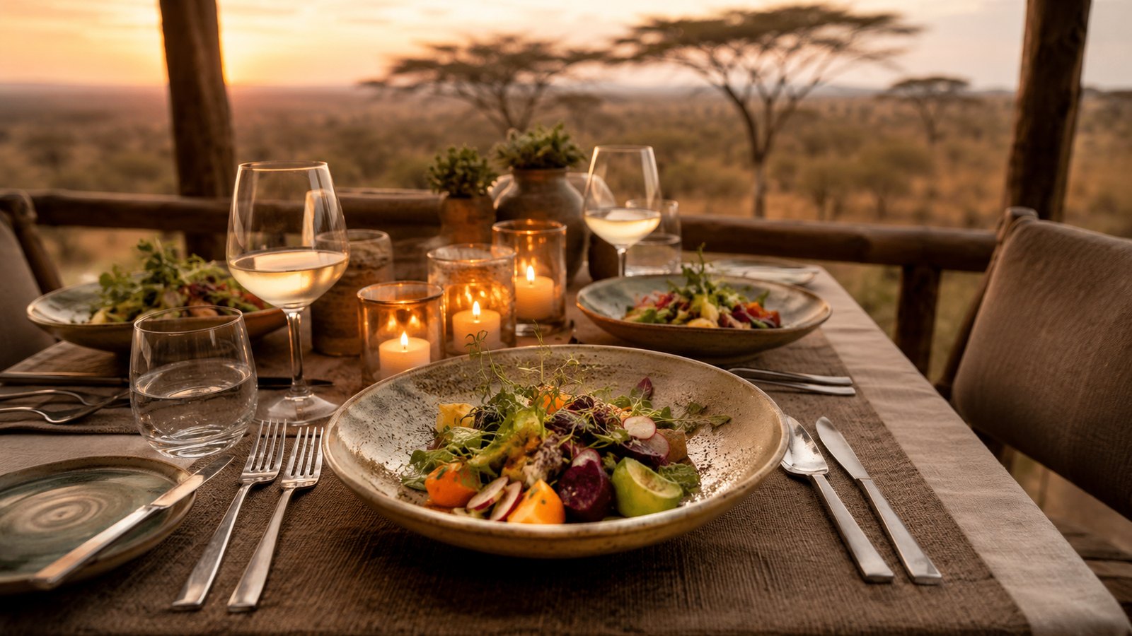 Elegant safari lodge table with fresh food at sunset